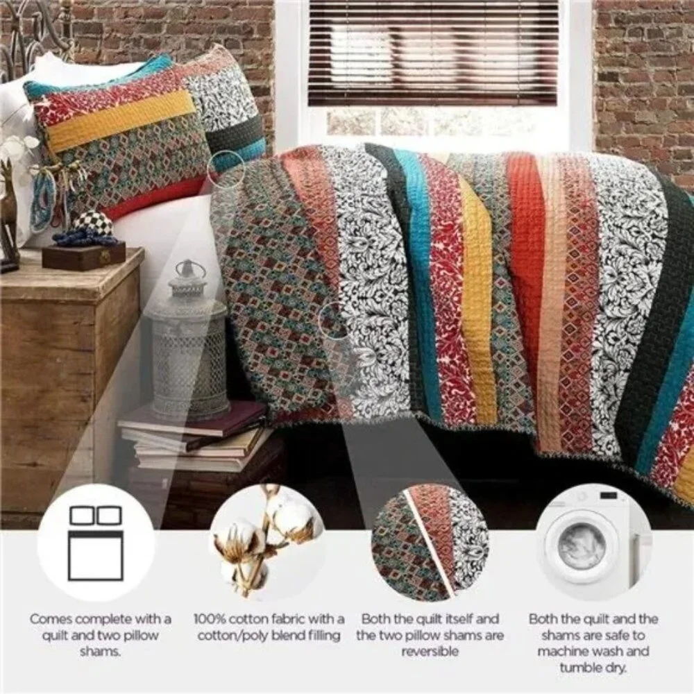 Boho Stripe Quilt Reversible 3 Piece Bohemian Design Bedding Set